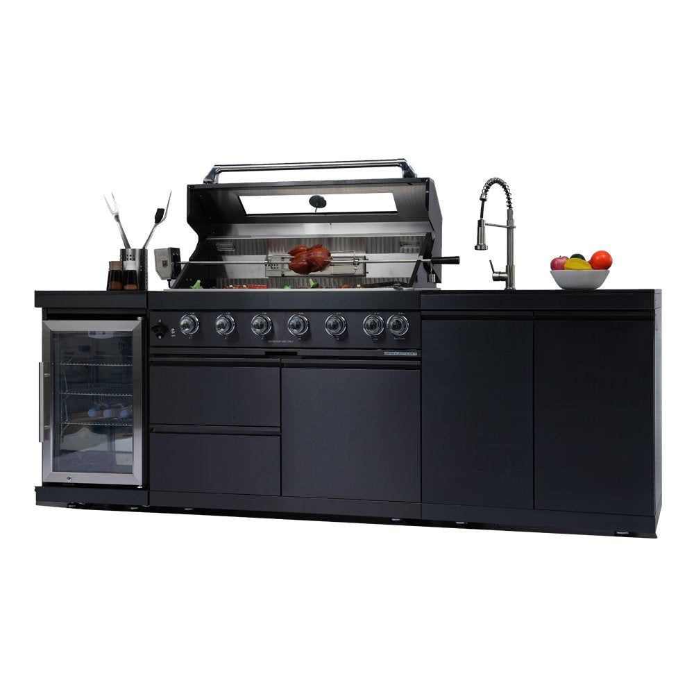 43-Inch 6-Burner 85000 BTU Deluxe Stainless Steel Gas Outdoor Kitchen Bar Barbecue Island Grill + Wine Cooler Compact Refrigerator + Rotisserie kit + Granite Countertops + Stainless steel Sink