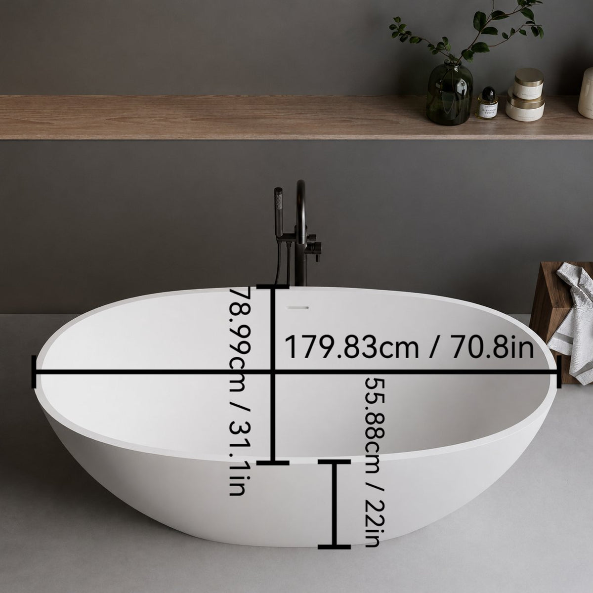 70.8″Solid Surface Matte Tub, Solid Surface Soaking Tub, Stone Resin Freestanding Bathtub, Thick Edge Stand Alone Tubs with Overflow