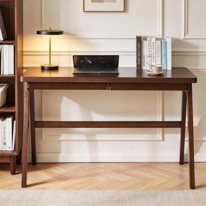 100% Solid Rubber Wood Computer Desk, Retro Walnut Writing Desk with Drawer, Sturdy A-Frame Leg, 39.37"×21.62", 1.38" Extra Thick Home Office Study Table