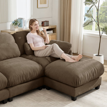 2 Seater L-Shaped Cloud Feel Sofa with Removable Ottoman, Cozy Chenille Modular Couch Set, Deep Seat Free Combination Furniture for Small Living Room, Brown
