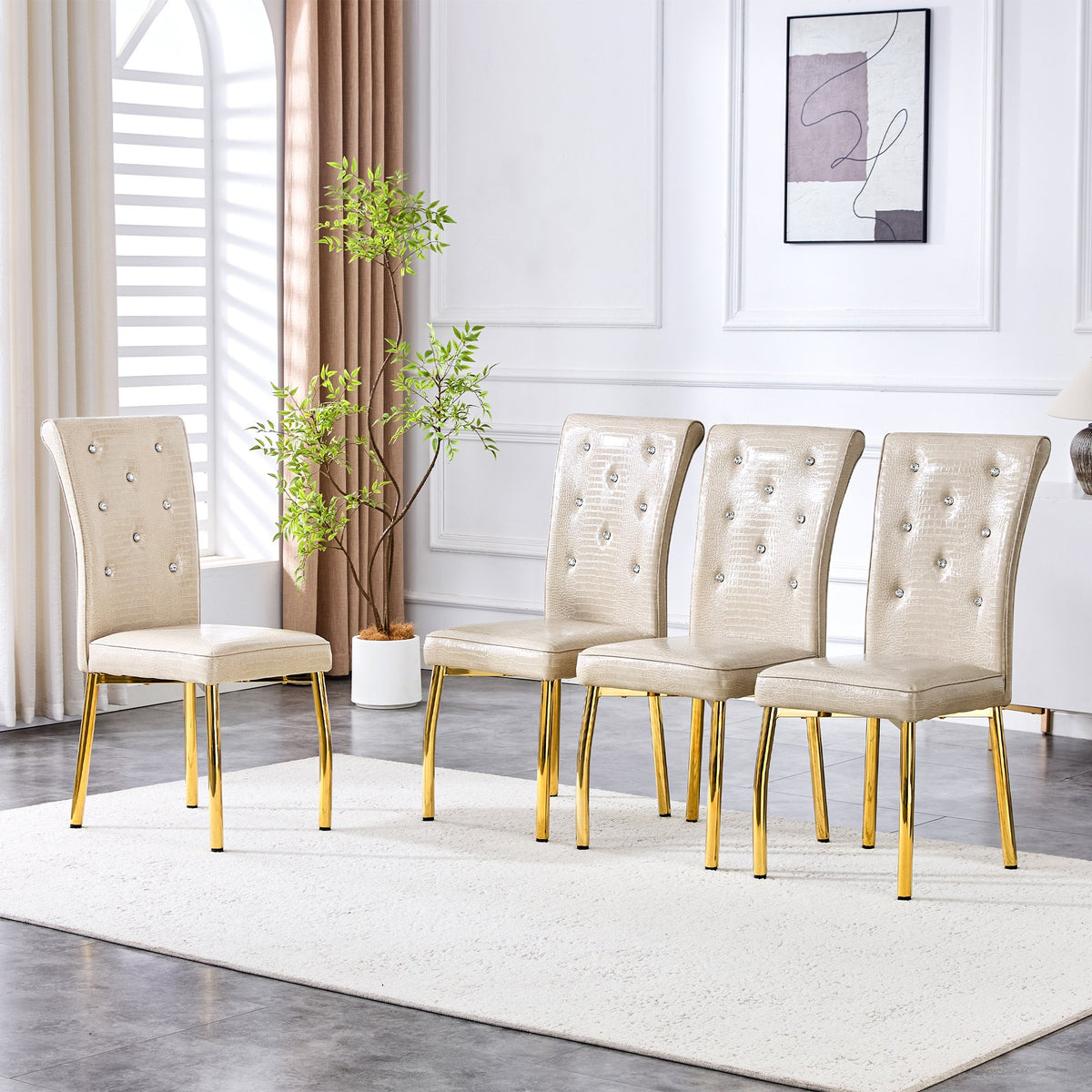 A set of 2 beige and gold vintage crocodile leather cushioned dining chairs, featuring crystal clasp design and artificial leather design, adding a touch of elegance and mystery to the dining area