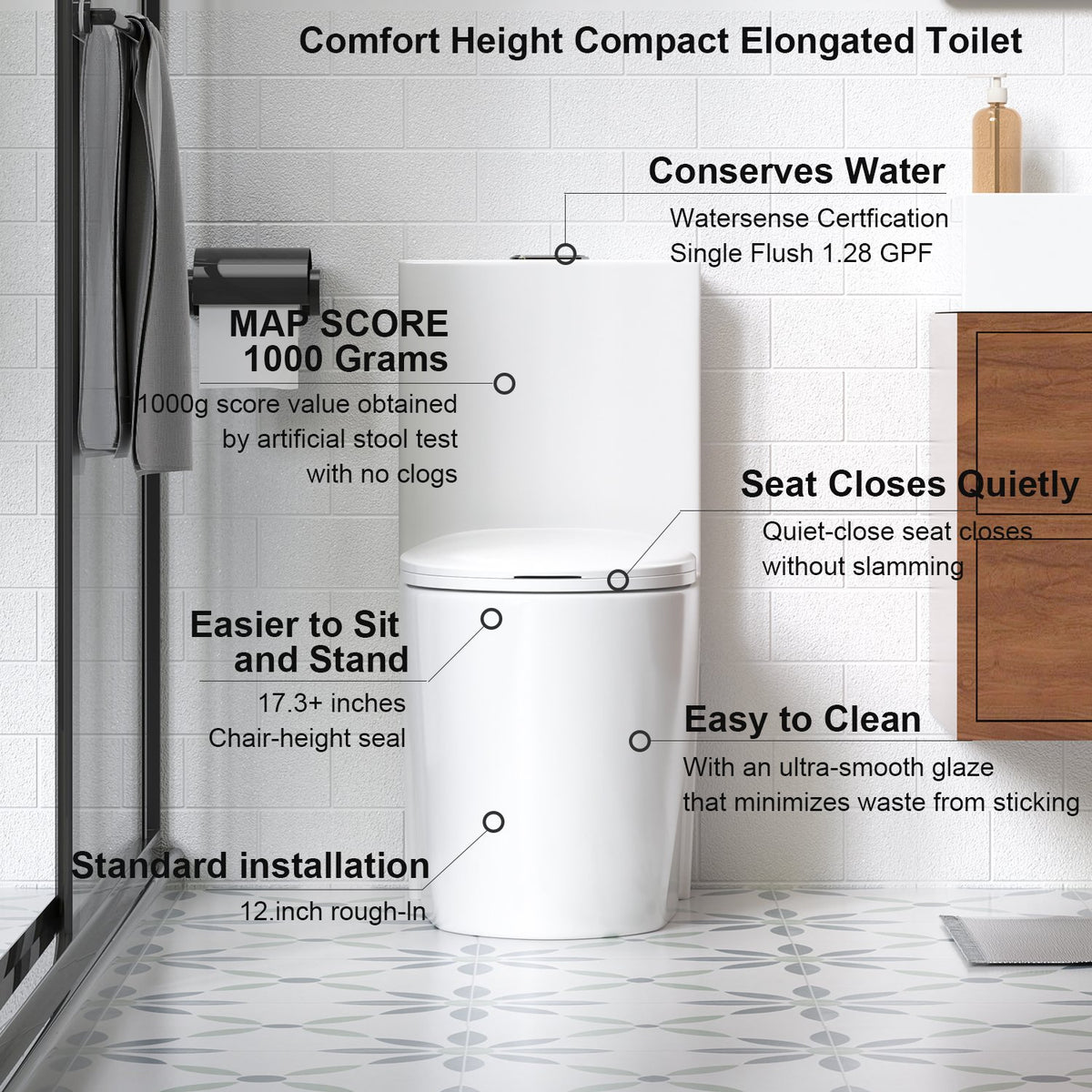 1.1/1.6 GPF Siphonic Flush One-Piece Toilet for bathrooms,Siphonic S-trap 12",Elongated Bowl with Soft Close Seat,Powerful Dual Flush MAP 1000g,Comfort Chair Seat ADA Height 17",Glossy White GW-001