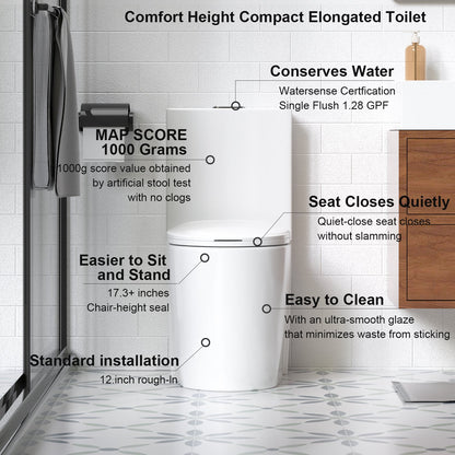 1.1/1.6 GPF Siphonic Flush One-Piece Toilet for bathrooms,Siphonic S-trap 12",Elongated Bowl with Soft Close Seat,Powerful Dual Flush MAP 1000g,Comfort Chair Seat ADA Height 17",Glossy White GW-001