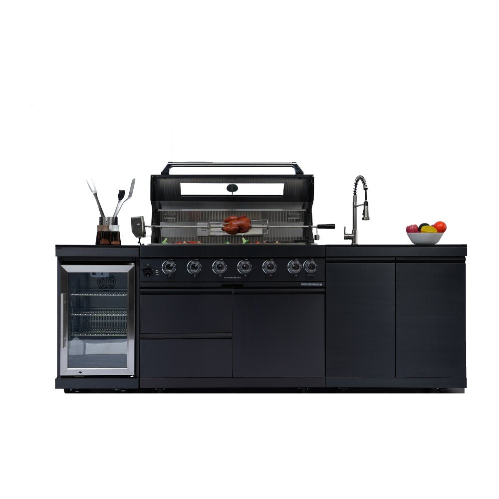 43-Inch 6-Burner 85000 BTU Deluxe Stainless Steel Gas Outdoor Kitchen Bar Barbecue Island Grill + Wine Cooler Compact Refrigerator + Rotisserie kit + Granite Countertops + Stainless steel Sink