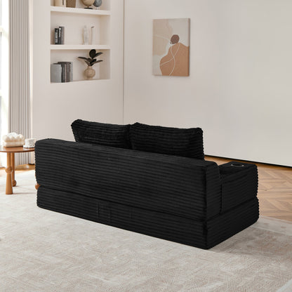 70.8-inch corduroy two-in-one sofa bed, featuring a lounge chair with two throw pillows, built-in cup holders in the armrests, and side storage pockets-ideal for living rooms, bedrooms, and relaxation