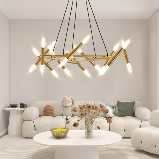 41" Golden Modern Chandelier Light Fixture, Branch Design with Frosted Tubes, Black Cords, Adjustable Height Pendant Light