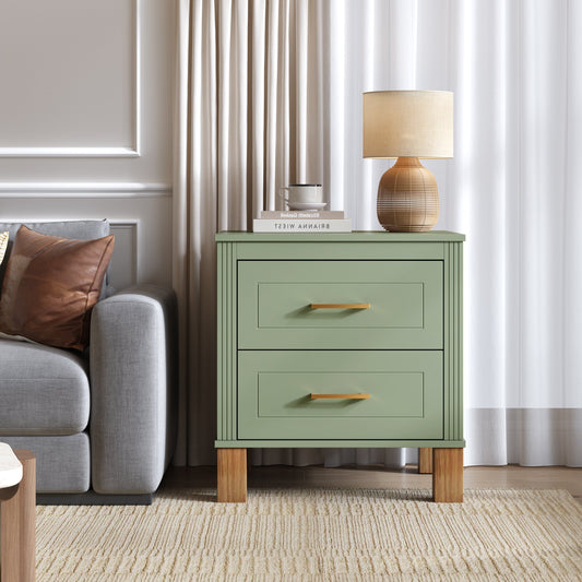 2 Drawer Nightstand, Premium Wood Storage with Elegant Fluted Design, Solid Wood Legs Nightstand with Metal Handle, Tall Bedside Table for Bedroom Living Room, Sage Green