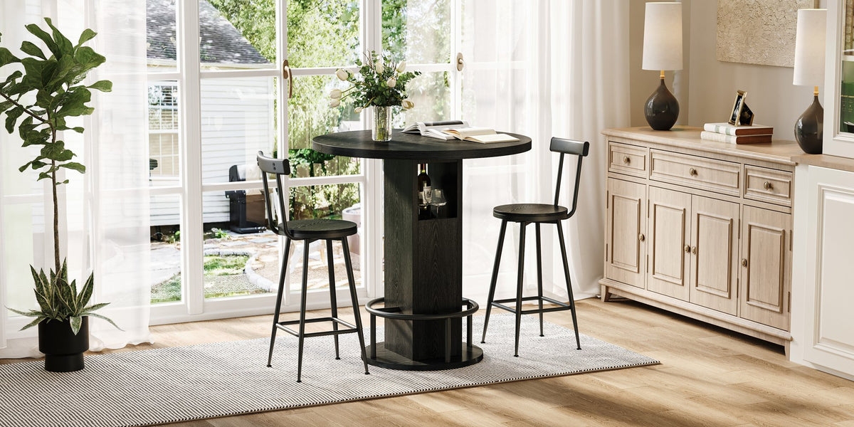 3-Piece Bar Table and Stool Set 31.5-inch round bar table with two stools Compact wooden dining bar with metal ring footrest Ideal, cafes – Black