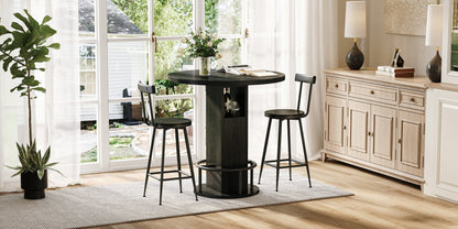 3-Piece Bar Table and Stool Set 31.5-inch round bar table with two stools Compact wooden dining bar with metal ring footrest Ideal, cafes – Black