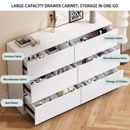6 Drawer White Dresser, Modern Dresser for Bedroom with Spacious Countertop, Wood Storage Cabinet with Concealed Handles & 6 Deep Drawers for Bedroom, Living Room, Entryway, 15.7" D x 47.2" W x 30.9"