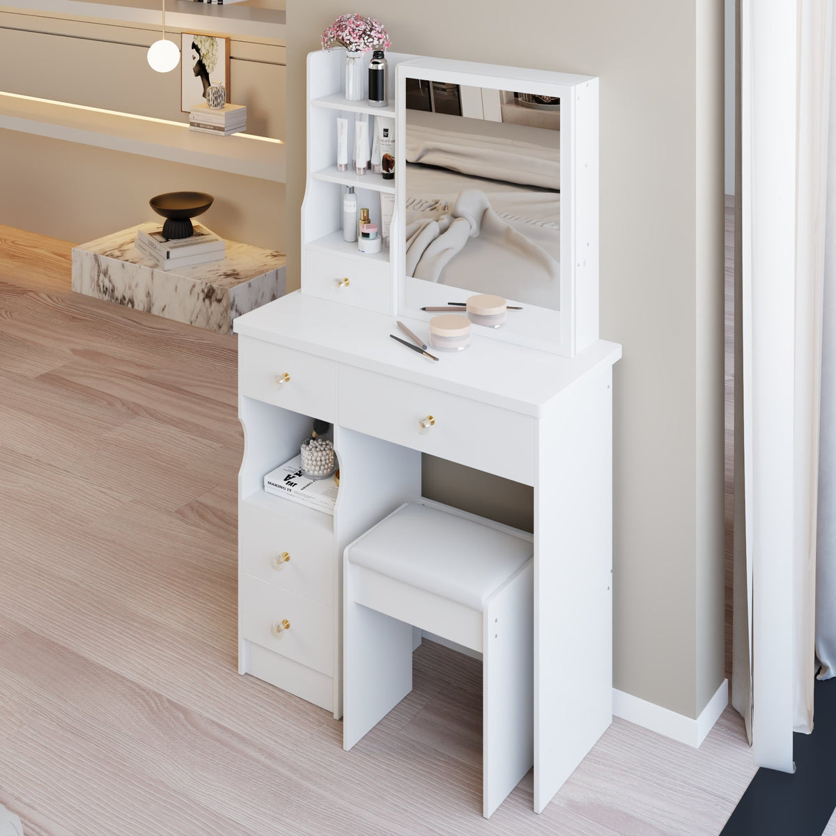 29.2" Small Space Left Drawer Desktop Vanity Table + Cushioned Stool, Extra Large Right sliding mirror, Multi Layer High Capacity Storage – Model W3258P299609