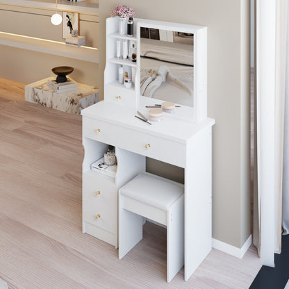 29.2" Small Space Left Drawer Desktop Vanity Table + Cushioned Stool, Extra Large Right sliding mirror, Multi Layer High Capacity Storage – Model W3258P299609