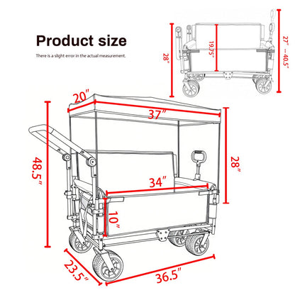 3-in-1 Folding Wagon Cart with Bench Seat & Canopy & Storage, 500lbs Heavy-Duty, 180L Capacity, All-Terrain Wagon for Camping, Beach, Sports, & Garden, Gray