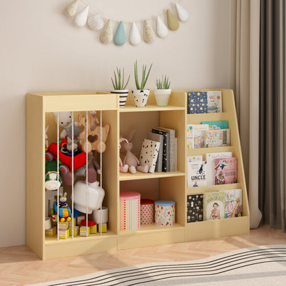 3-in-1 Kids Bookshelf and Toy Storage, 4-Tier Book Shelf for Kids Rooms, Sling Baby Bookcase with Stuffed Animal Storage, Toddler Montessori Bookshelf for Nursery, Playroom, Kindergarten, Natural