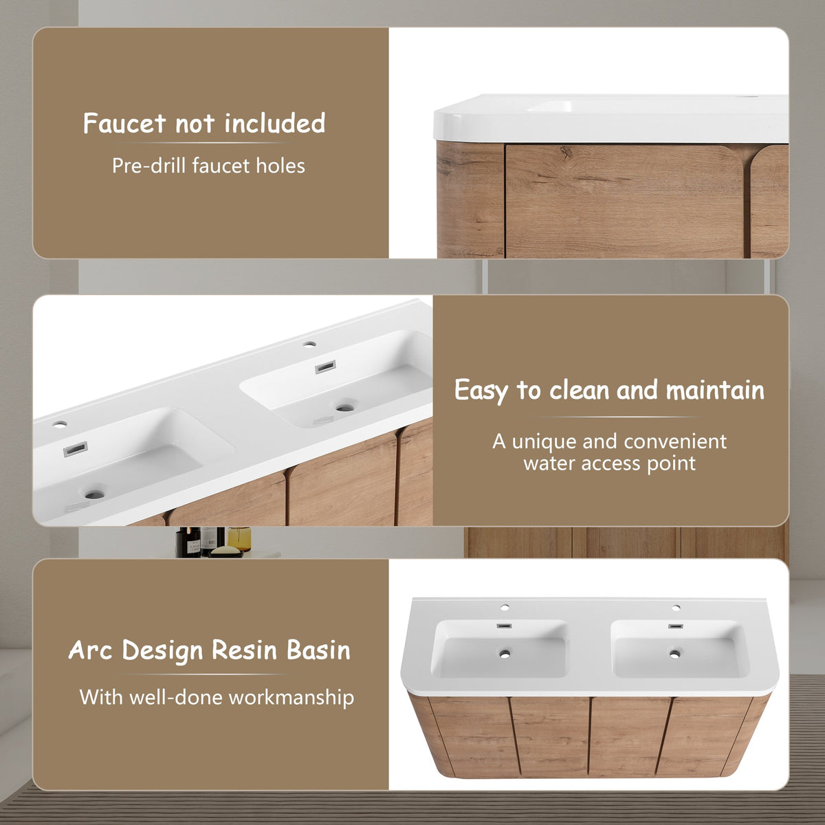 60'' Freestanding Bathroom Vanity with White Resin Sink, 4-Soft-Close Door, KD-Packing, Plywood, Imitative Oak