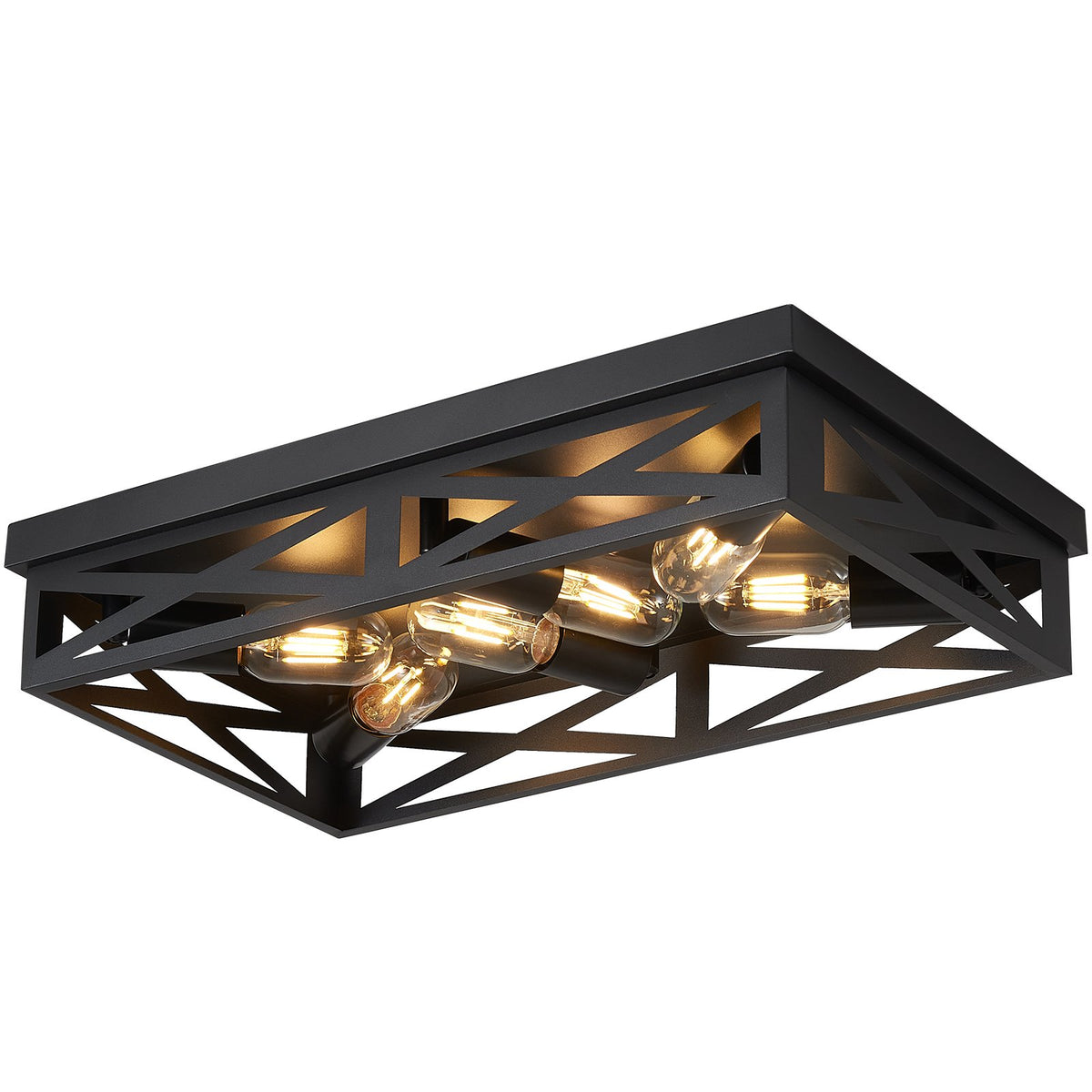 6-Light Matte Black Farmhouse Square Flush Mount Ceiling Light, Vintage Hollow Geometric Iron Cage Ceiling Lamp, Industrial Close to Ceiling Lighting for Dining Room, Bedroom-1 Pack(No light bulb)