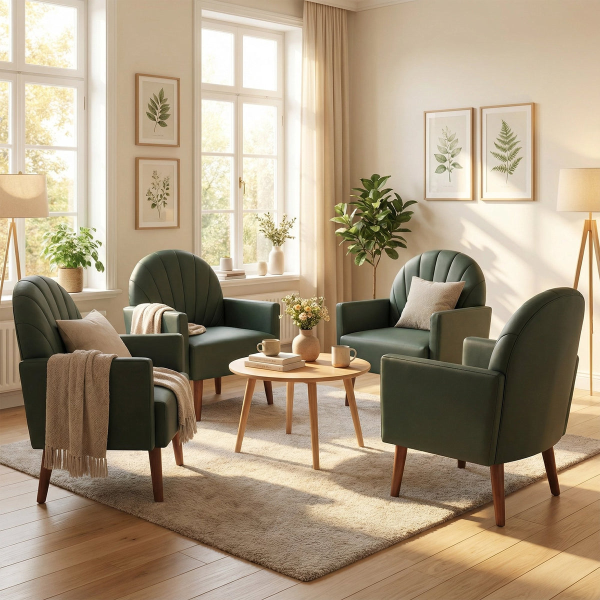 A contemporary shell-shaped armchair with PU leather upholstery and wooden legs, suitable for living rooms, balconies, children's rooms and studies.