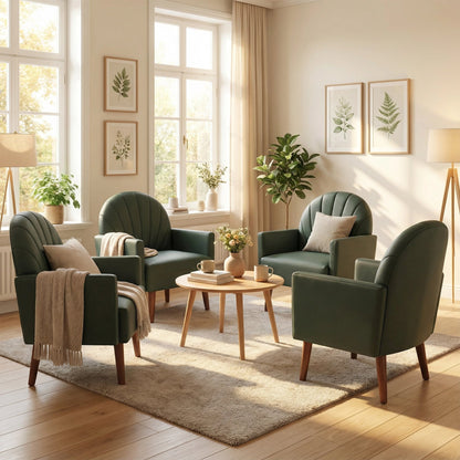 A contemporary shell-shaped armchair with PU leather upholstery and wooden legs, suitable for living rooms, balconies, children's rooms and studies.