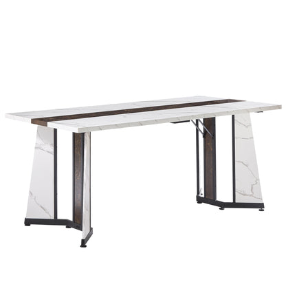 70.9"Rectangular Large Dining Table, Marble Grain Waterproof Large Desk for 8 People, Deluxe Family Dining Table with Adjustable Legs for Kitchen,Living Room,Office, White,70.9''W x 35.4''D x 30.3''H