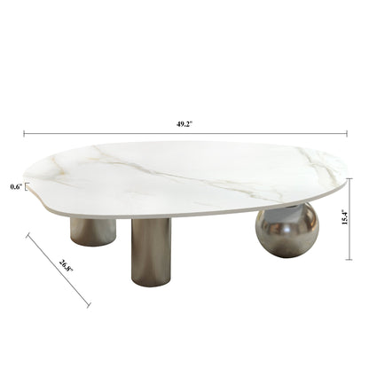 49.2" Free Form Faux Marble Coffee Table, Modern Minimalist Living Room Center Table with Stainless Steel Sphere & Cylinder Legs