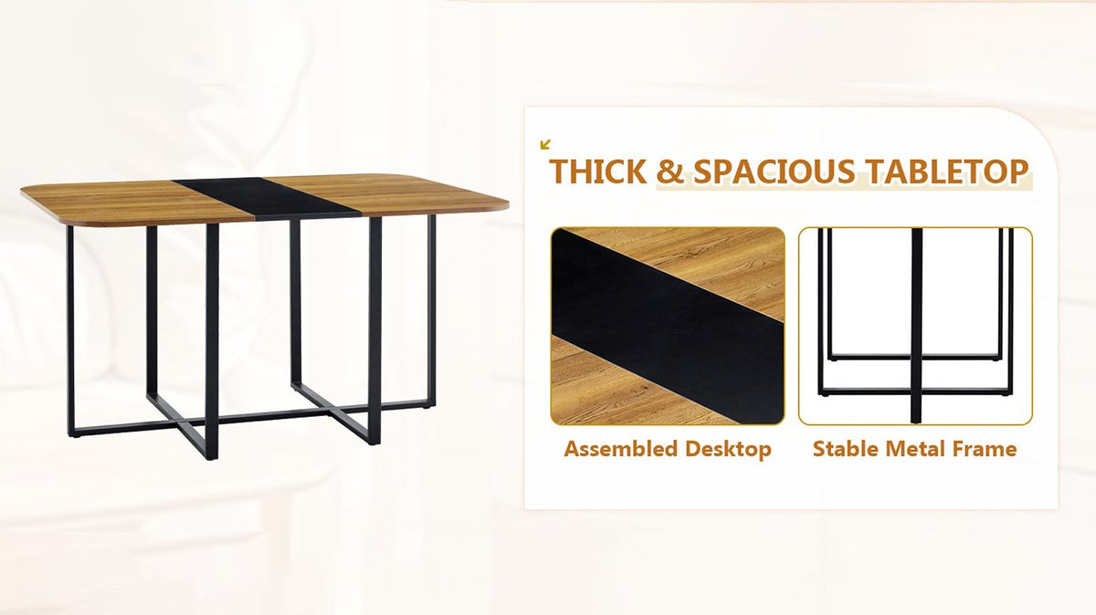 7-Piece Rectangular Dining Table Set, Fixed Two-Tone Wood Grain & Black Triamine Tabletop with 6 Black PU Leather Chairs
