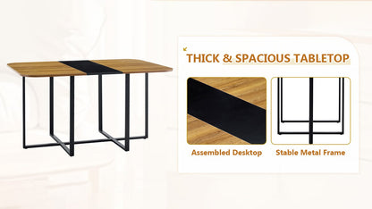 7-Piece Rectangular Dining Table Set, Fixed Two-Tone Wood Grain & Black Triamine Tabletop with 6 Black PU Leather Chairs
