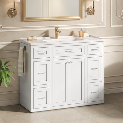 48" White Bathroom Vanity with Ceramic Sink – 6 Drawers (3 Each Side), Center Flip-Out Drawer, Soft-Close Double Doors, Reversible Side Towel Rack, Silver Handles, MDF