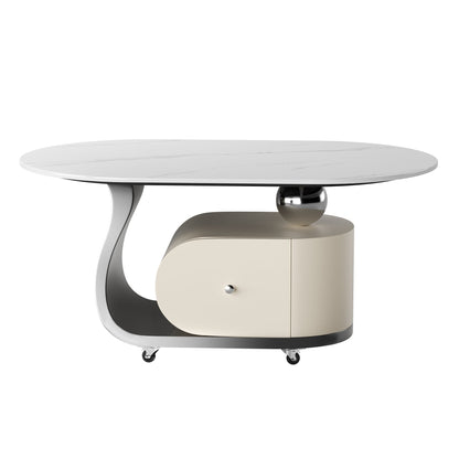 39.4" Sintered Stone End table with Drawer, Stainless Steel Base & 4 Lockable Casters, Modern Mobile Oval Coffee Table for Living Room, Easy Assembly (Gray)