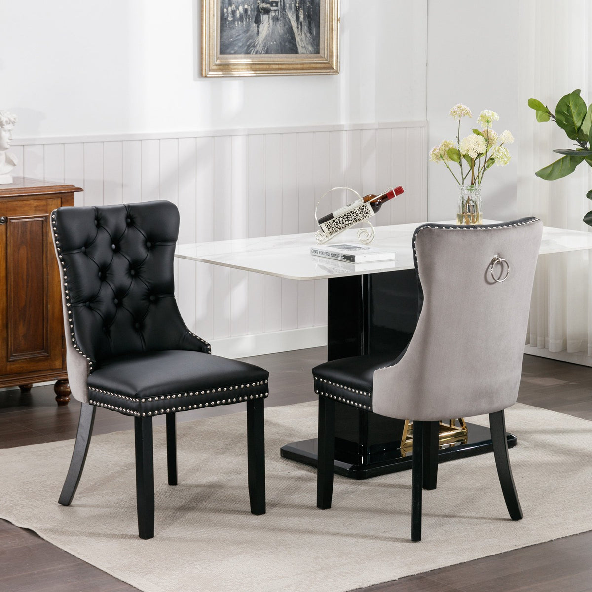 A&A Furniture, Nikki Collection Modern, High-end Tufted Solid Wood Contemporary PU and Velvet Upholstered Dining Chair with Wood Legs – Gray