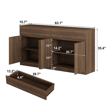 63.1" Sideboard Buffet Cabinet with Storage,Large Kitchen Storage Cabinet with 2 Drawers and 4 Doors, Wood Coffee Bar Buffet Table for Kitchen Dining Room, Walnut