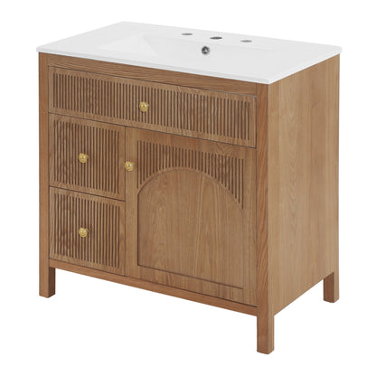 30 Inch Freestanding Farmhouse Bathroom Vanity with Integrated White Ceramic Sink Top, Smooth Finish Natural Acacia Wood Veneer Herringbone Chevron Cabinet, Soft Close Doors & Full Extension Drawer, B