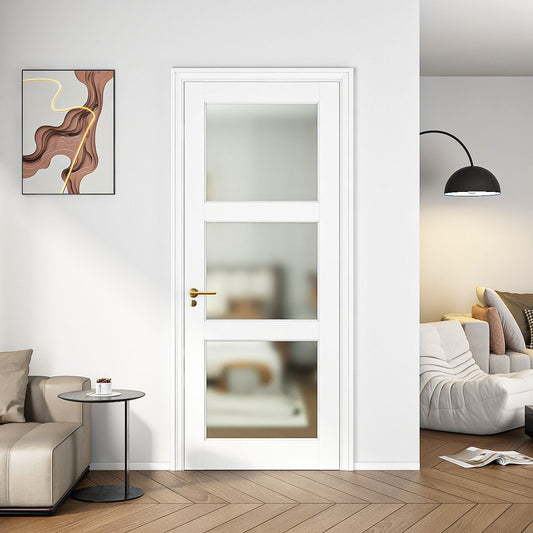 32" X 80" 3-Lite French Interior Tempered Frosted Glass Door Slab for Pantry Doors, French & Pocket Doors