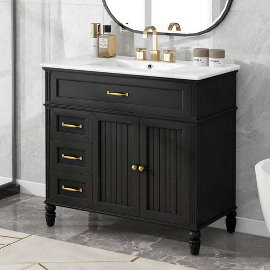 36" Vintage Black Bathroom Vanity with Ceramic Sink, Solid Acacia Wood Frame & Legs, 2 Doors and 2 Drawers with Soft-Closing Devices