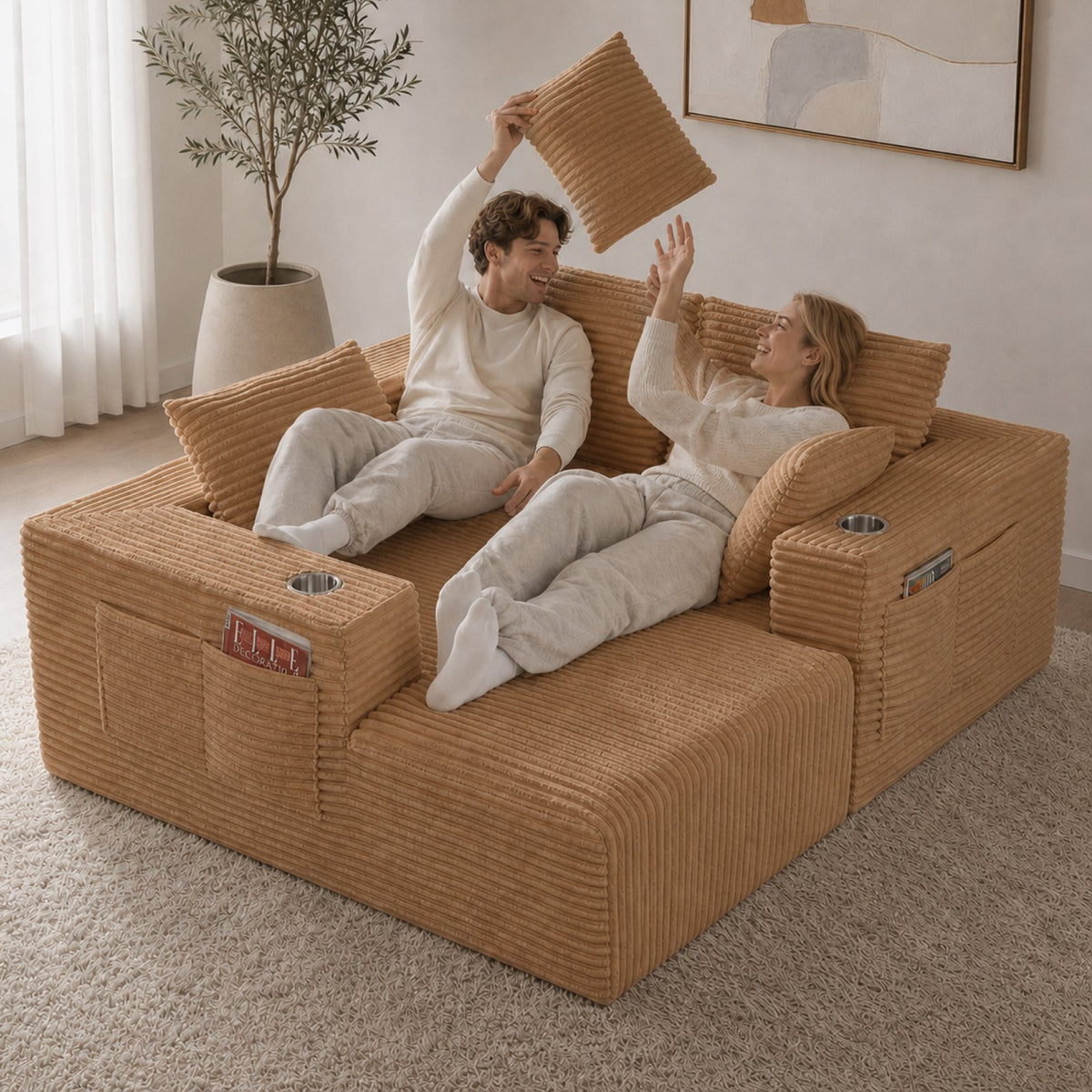 95''modular combination sofa with L-shaped lounge chair, four seater boneless design