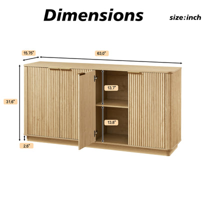 63" Vertical Stripe Buffet Cabinet Sideboard with stoarge, Curved wave Design, TV Stand, Oak, 63''W x 15.75''D x 31.5''H.