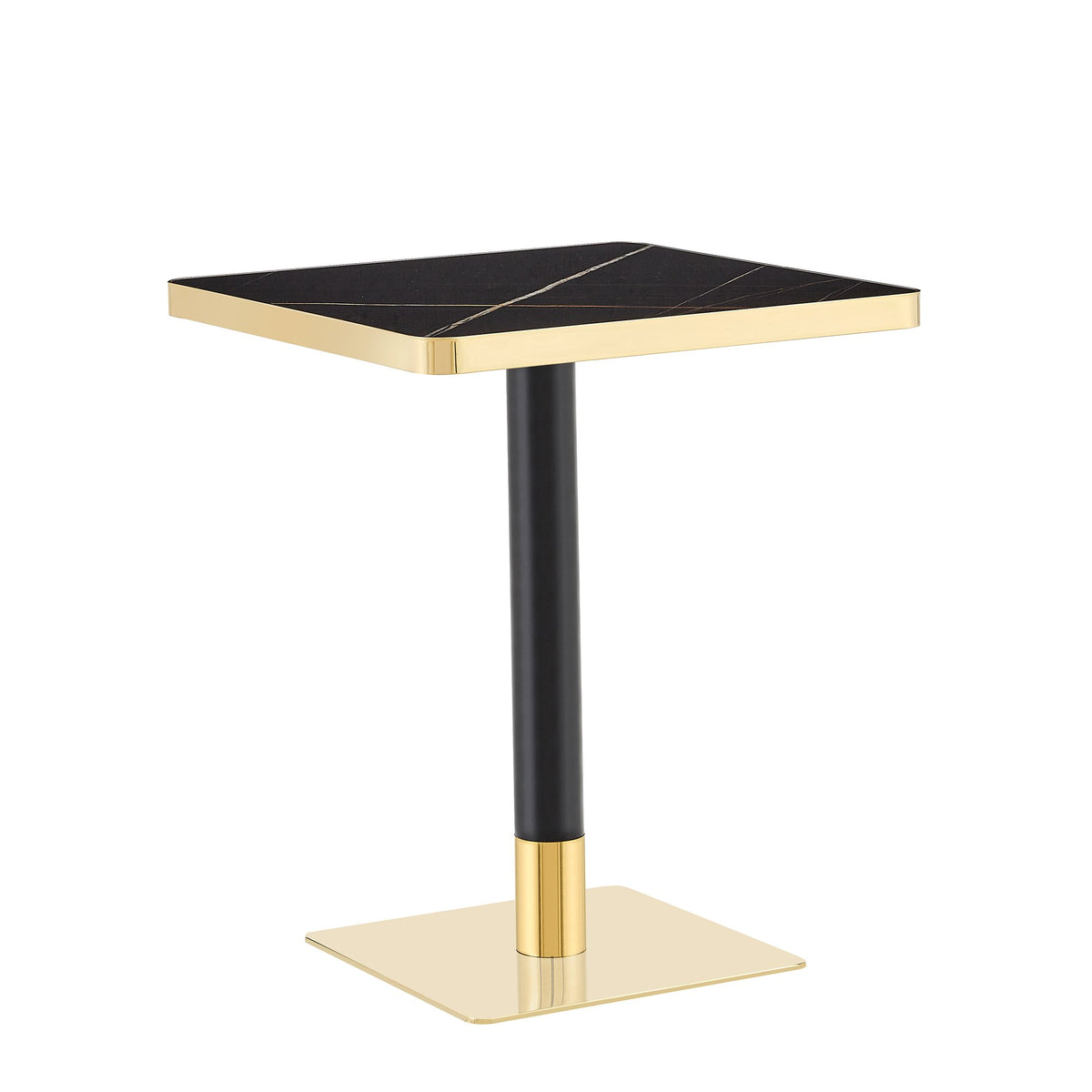 24" Square Faux Black Marble Bistro Table, 28.8" High Modern Dining Table with High Gloss UV Finish & Gold Metal Trim Edge, Heavy-Duty Stainless Steel Base Frame for Small Spaces, Cafe, Kitchen, Bistr