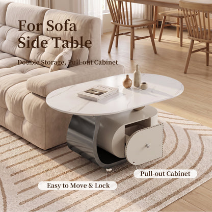 39.4" Sintered Stone End table with Drawer, Stainless Steel Base & 4 Lockable Casters, Modern Mobile Oval Coffee Table for Living Room, Easy Assembly (Gray)