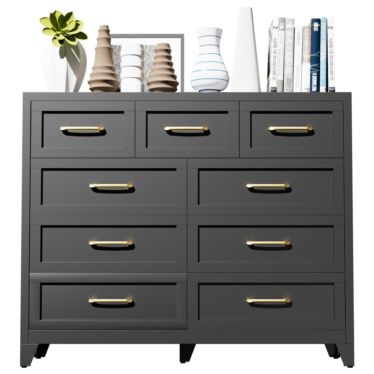 9-Drawer Tall Dresser, Black Metal Storage Cabinet with Smooth Gliding Drawers, Space-Saving Chest of Drawers