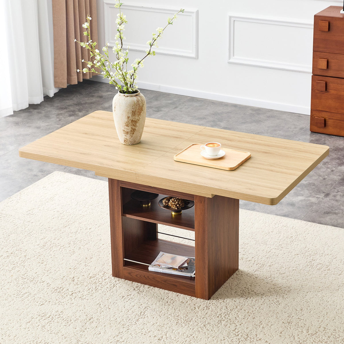 An expandable dining table with storage space