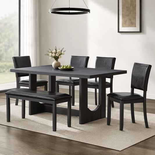 6-Piece Dining Table Set with Bench, Modern Farmhouse Kitchen Table with PU Leather Chairs & Bench, Wood Rectangular Dining Room Set with U-Shaped Base (Antique Black & Dark Brown PU)