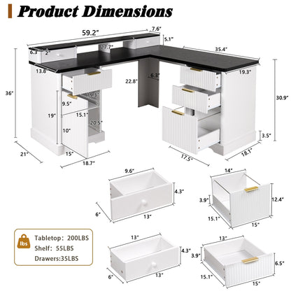 59" Modern Fluted L-Shaped Desk with Charging Station & Storage Cabinet - Home Office Computer Desk with Monitor Stand