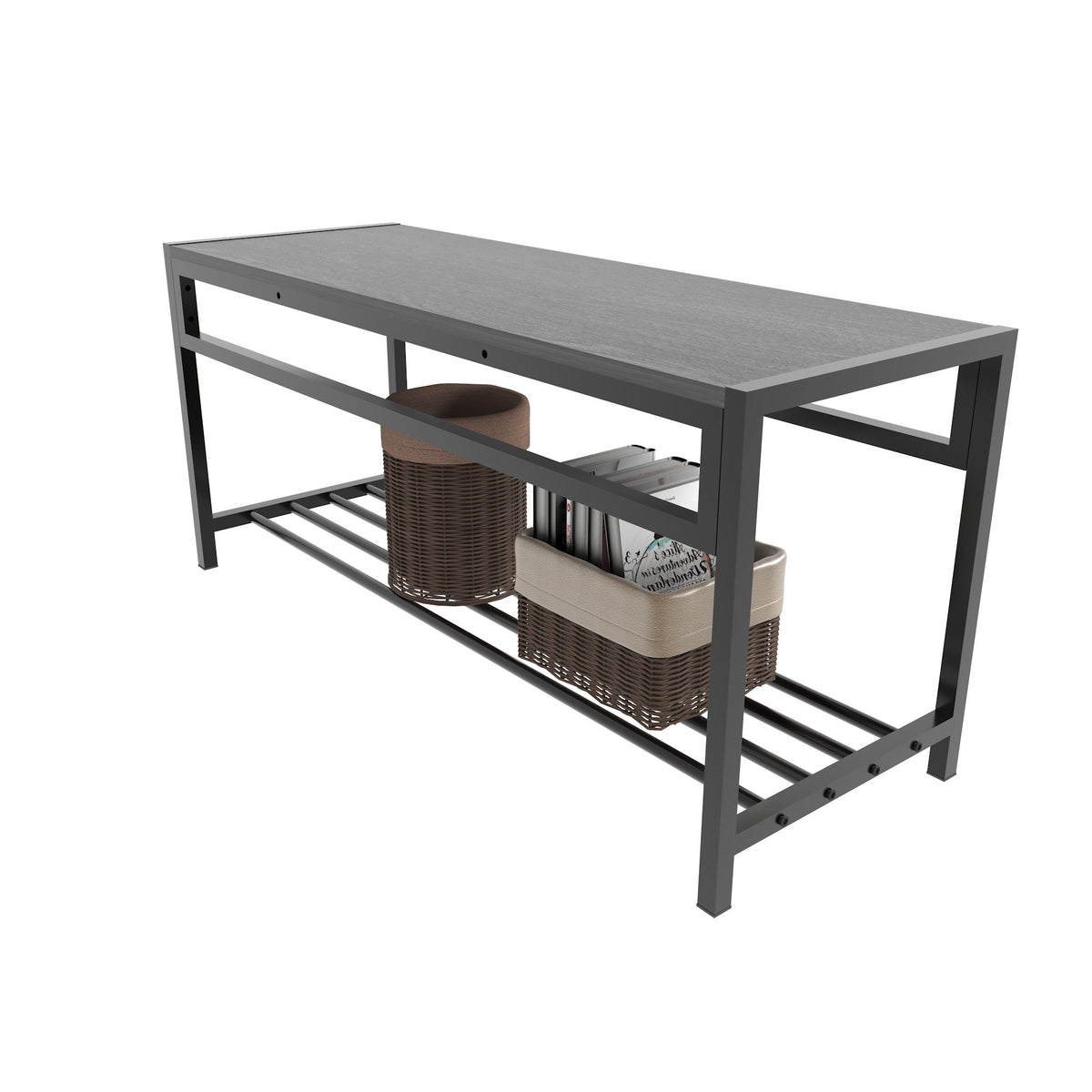 5 Piece Industrial Dining Table Set with 2 Dining Chairs & 1 Storage Bench, Rectangular Wood Grain Kitchen Table with Built-in Wine Rack, Metal Frame Space Saving Dinner Furniture for Small Apartment