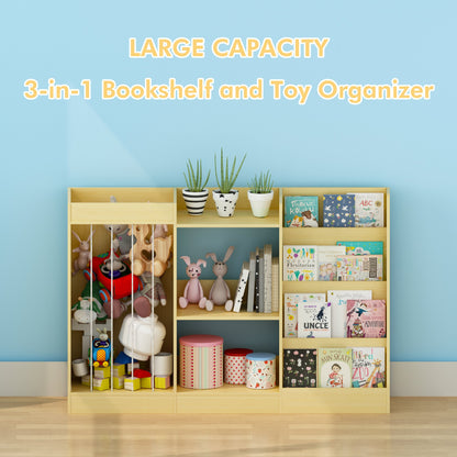 3-in-1 Kids Bookshelf and Toy Storage, 4-Tier Book Shelf for Kids Rooms, Sling Baby Bookcase with Stuffed Animal Storage, Toddler Montessori Bookshelf for Nursery, Playroom, Kindergarten, Natural