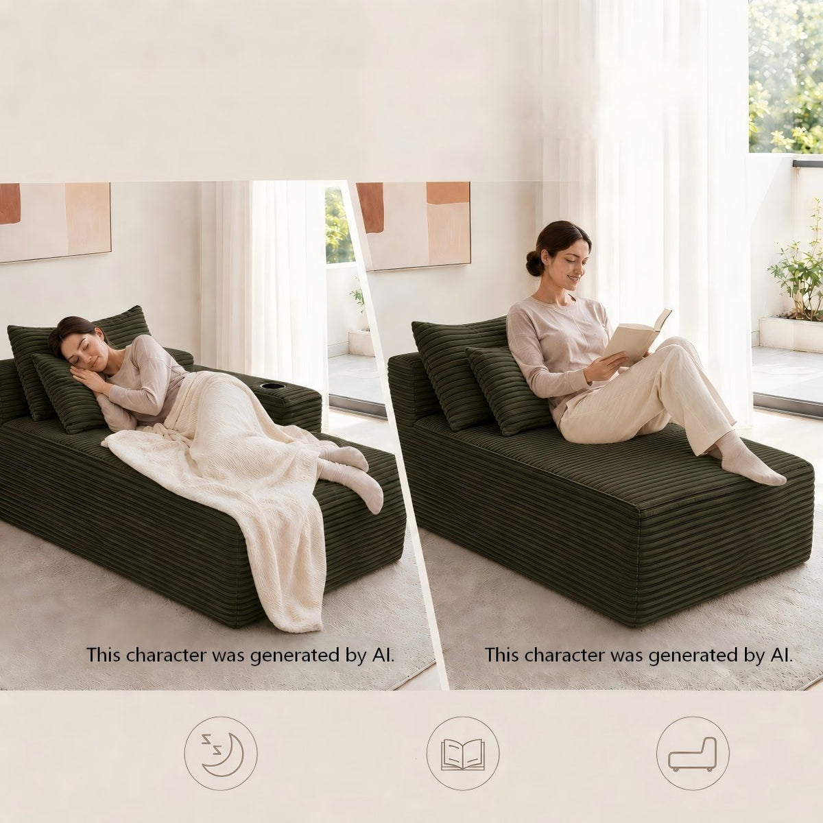 37.5-inch right chaise longue with velvet, cup holder, flexible matching, mainly for living room use. (Plush Fabric)Green