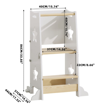 3-in-1 Toddler Kitchen Step Stool, Foldable Learning Standing Tower with Blackboard, Wooden Kitchen Stool Helper