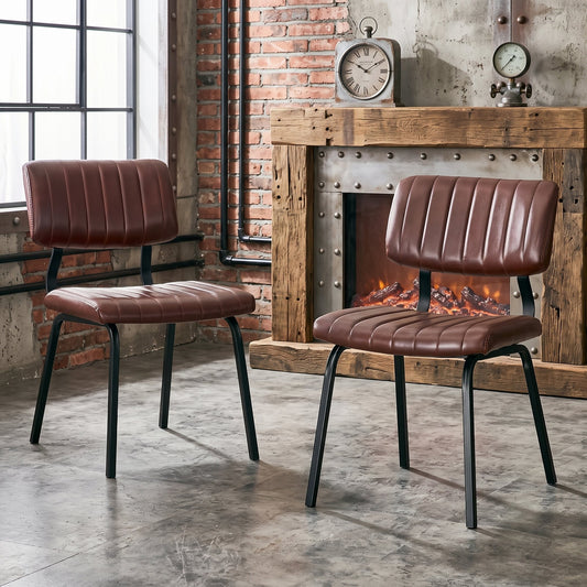 2 Pack Vintage Brown PU Leather Dining Chairs, Mid-Century Stripe Upholstered Side Chairs ,Modern Industrial Accent Chairs with Black Metal Frame for Kitchen Dining Room