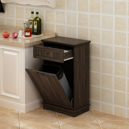 10 Gallon Tilt Out Trash Cabinet Freestanding Trash Bin Cabinet Wood Garbage Recycling Cabinet with Hideaway Drawer Pet Proof Trash Can Holder for Kitchen Living Room, Antique Brown (not include can)