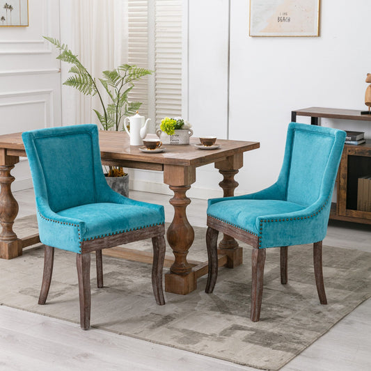 A&A Furniture, Ultra Side Dining Chair, Thickened fabric chairs with neutrally toned solid wood legs, Bronze nail head, Set of 2, Blue
