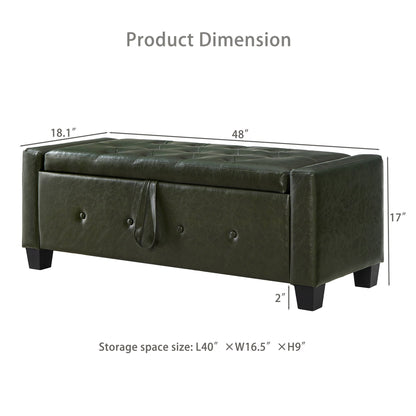 48" Ottoman Bench with Storage, Upholstered Tufted Faux Leather PU Ottoman Dark Green