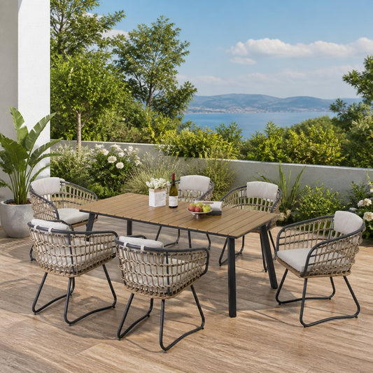 7-Piece Outdoor Wicker Dining Set with Wood-Plastic Composite  board Table